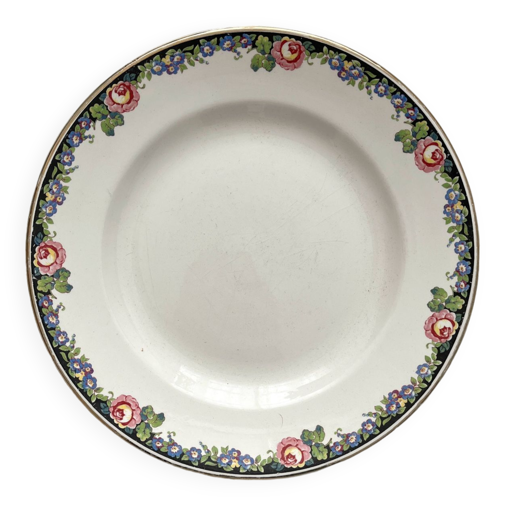 Compotier bas frise fleuries noire Digoin et Sarreguemines vintage