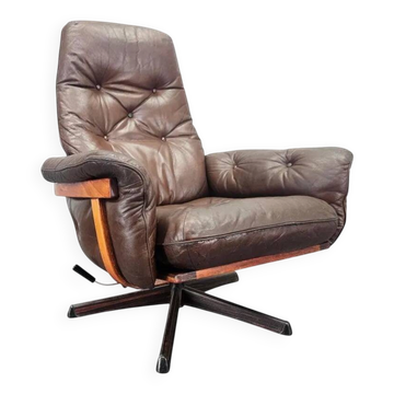 Midcentury Swivel Leather and Wood Armchair Göte Möbler Nässjö, Sweden, 1960s