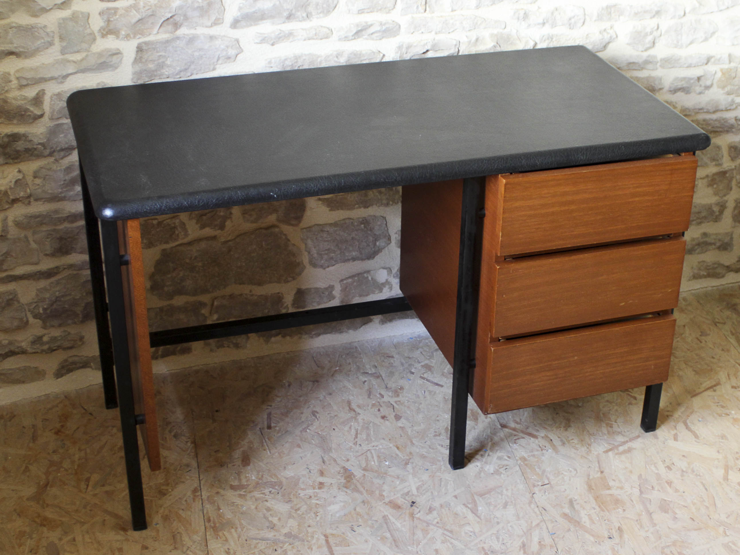 Desk 60s in metal wood and imitation leather