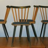 Set of 4  dining chairs splayed legs and petrol blue-green covers, 1960s