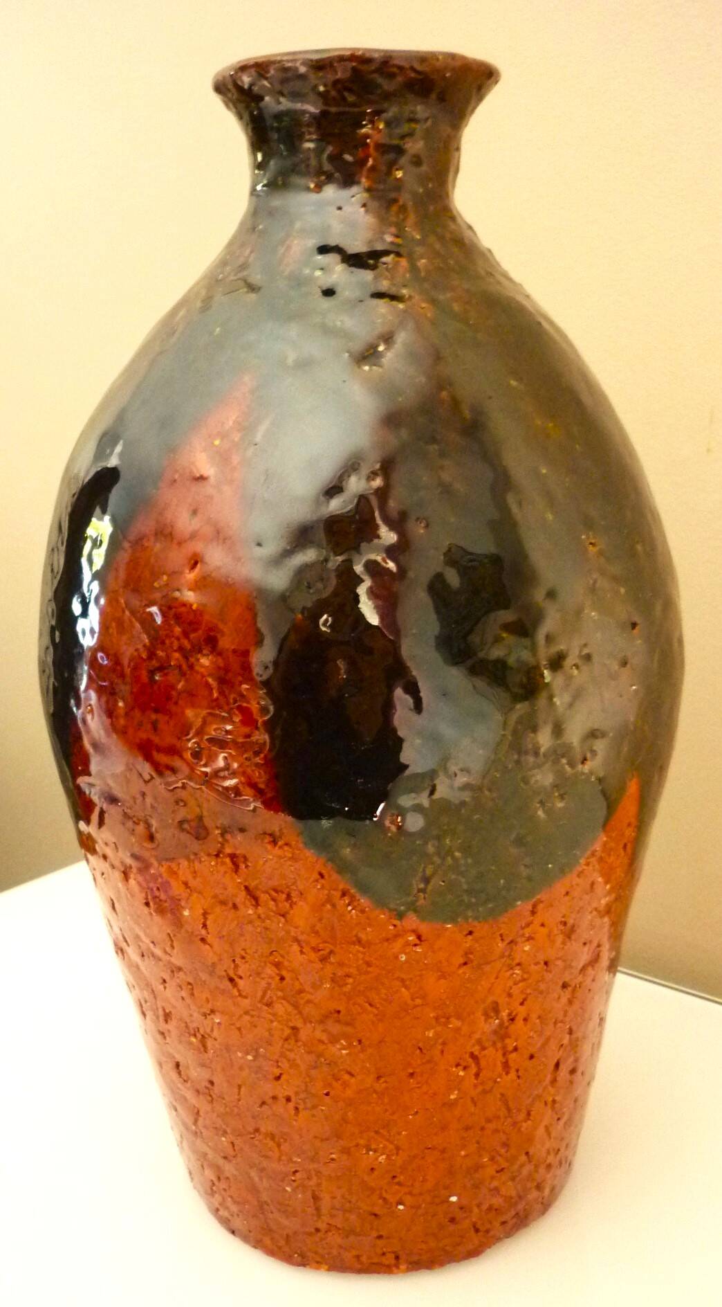 Ceramic vase, chamotte terracotta, enamelled, signature to be identified, vintage