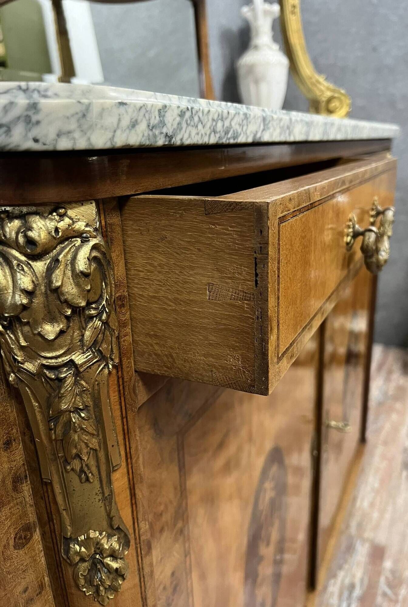 Superb Louis XVI two-body buffet in marquetry and gilded bronzes circa 1880