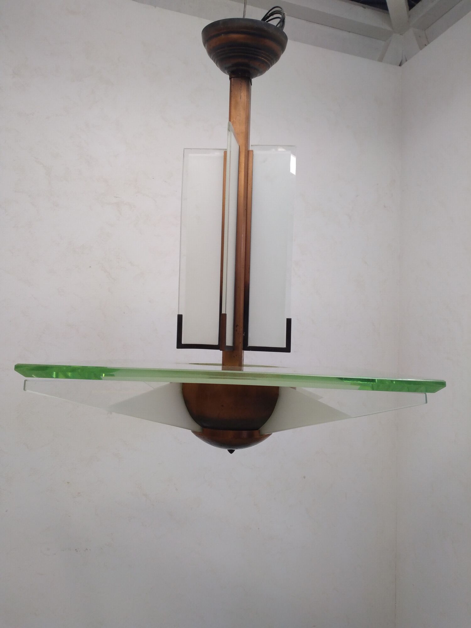 Modernist art deco chandelier/pendant lamp in glass and metal