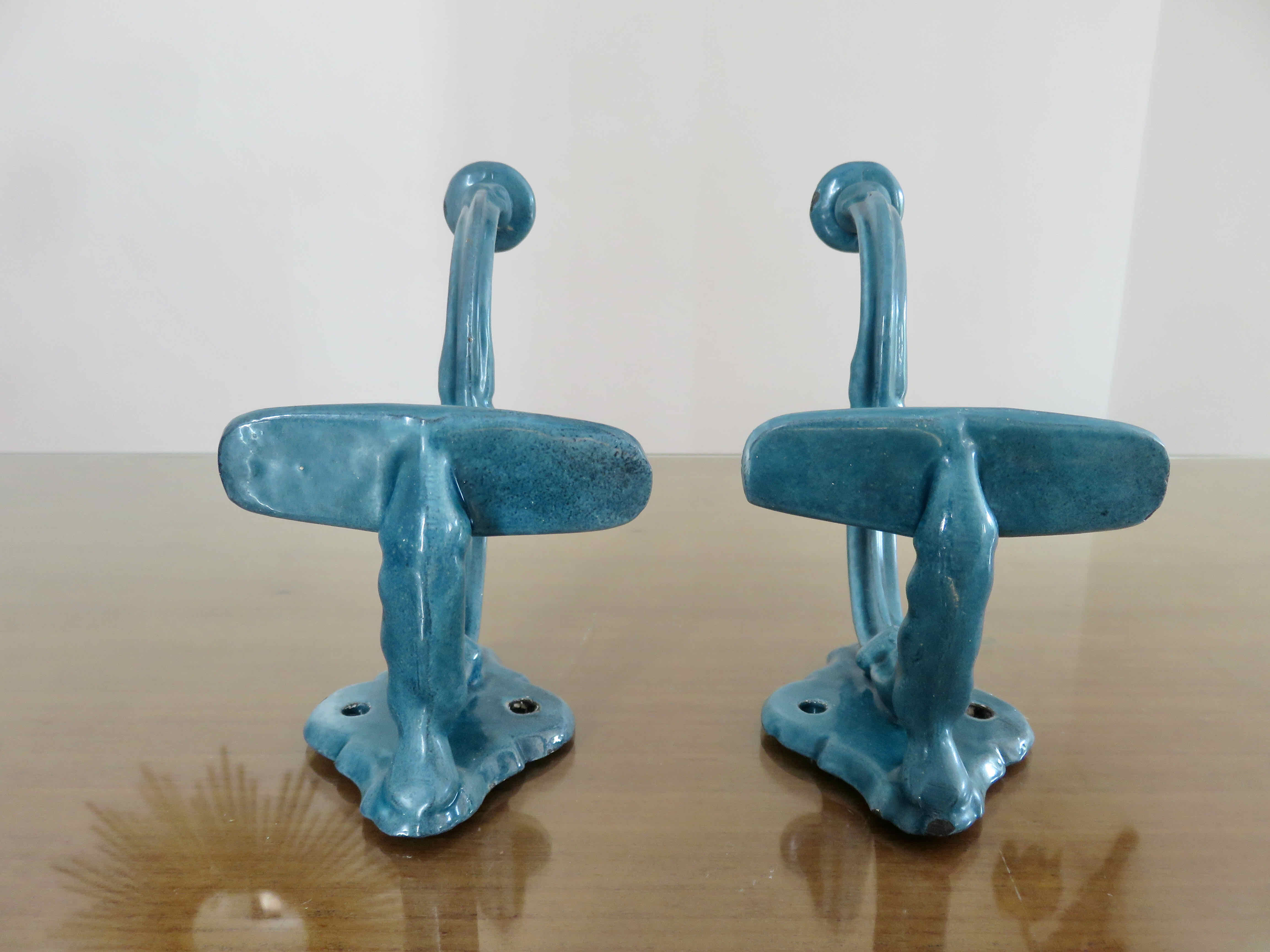 Pair of hooks in blue enamelled cast iron, art deco 30s 40s