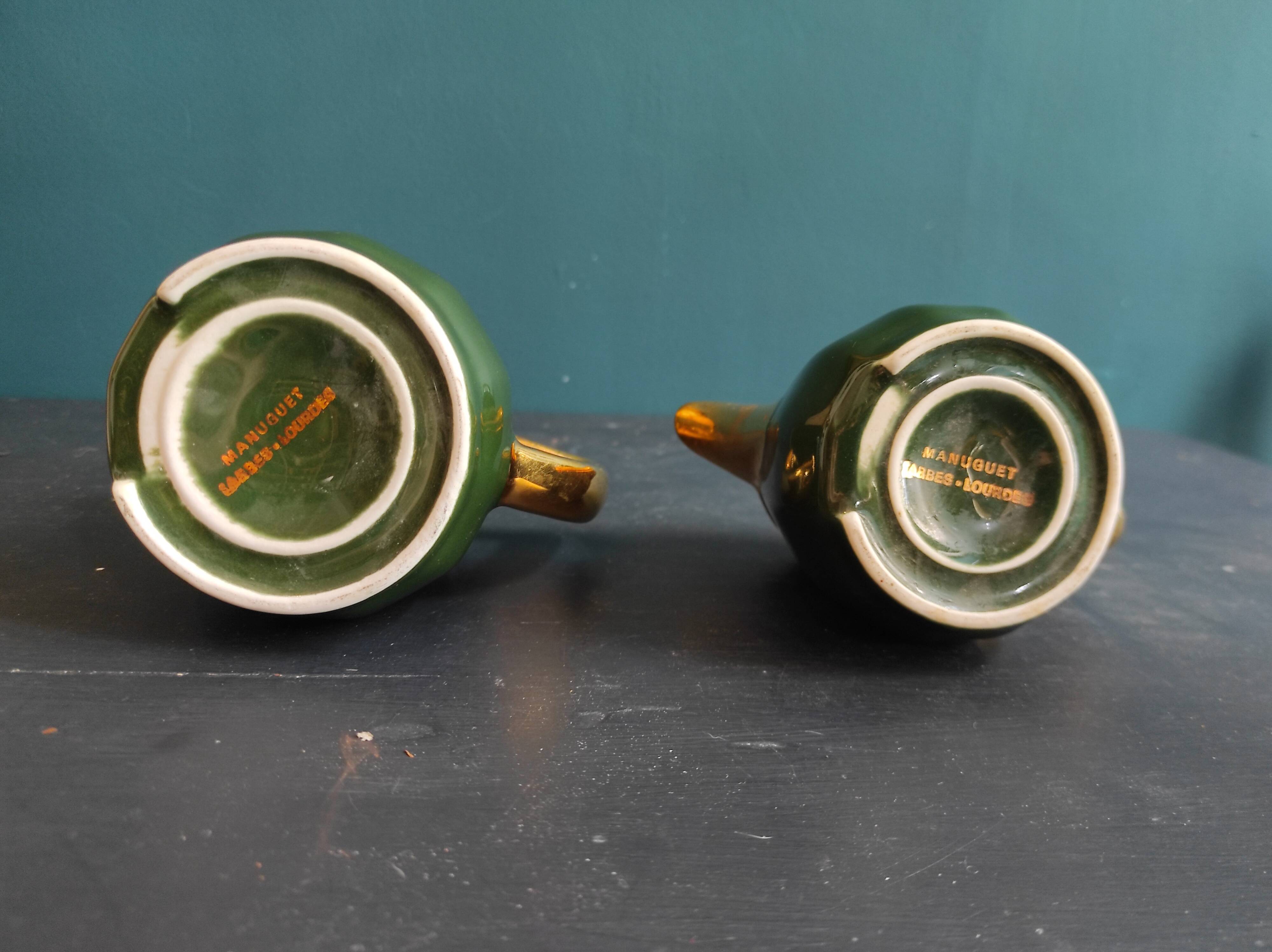 Set of two vintage French milk jugs in green and gold, Manuguet, Tarbes Lourdes