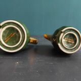 Set of two vintage French milk jugs in green and gold, Manuguet, Tarbes Lourdes