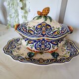 Vintage Rouen porcelain soup tureen with underplate, hand-painted