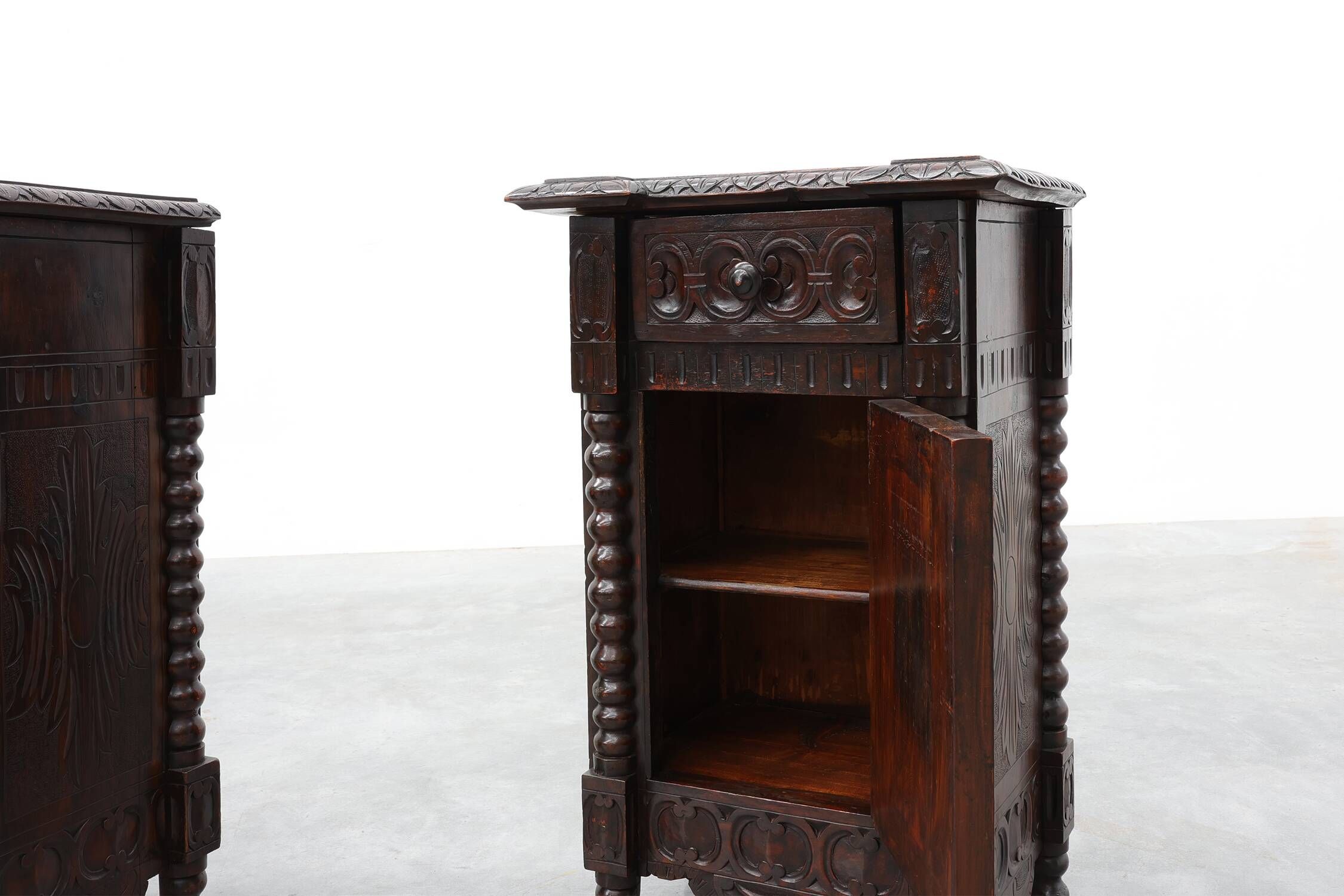 Pair of Breton Carved Oak Bedside Cabinets, France, circa 1900
