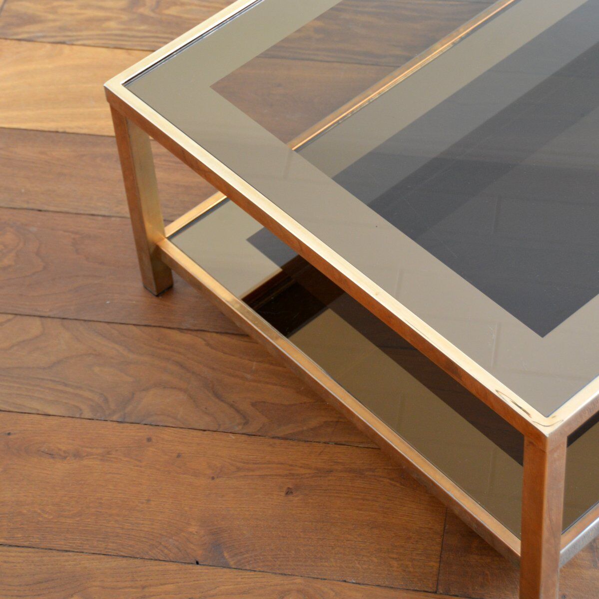 Coffee table in gold plated and smoked glass Belgo Chrom 70s / 80s