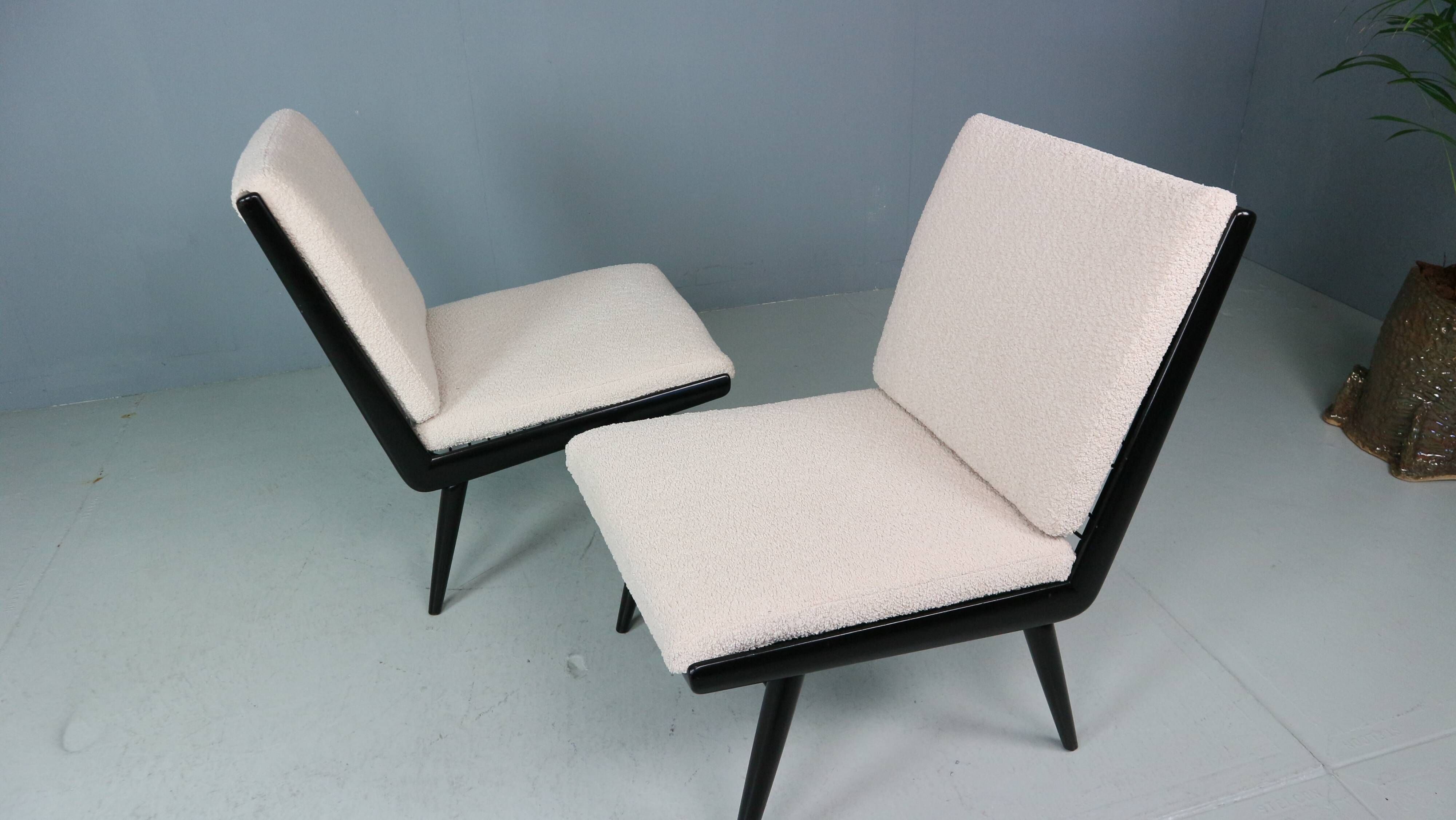2x 'boomerang' h. mitzlaff, e. schmidt for soloform, bouclé lounge chairs, 1953