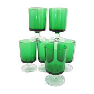 6 glasses on foot emerald green color - Cavalier Luminarc Arcoroc France - vintage 70s