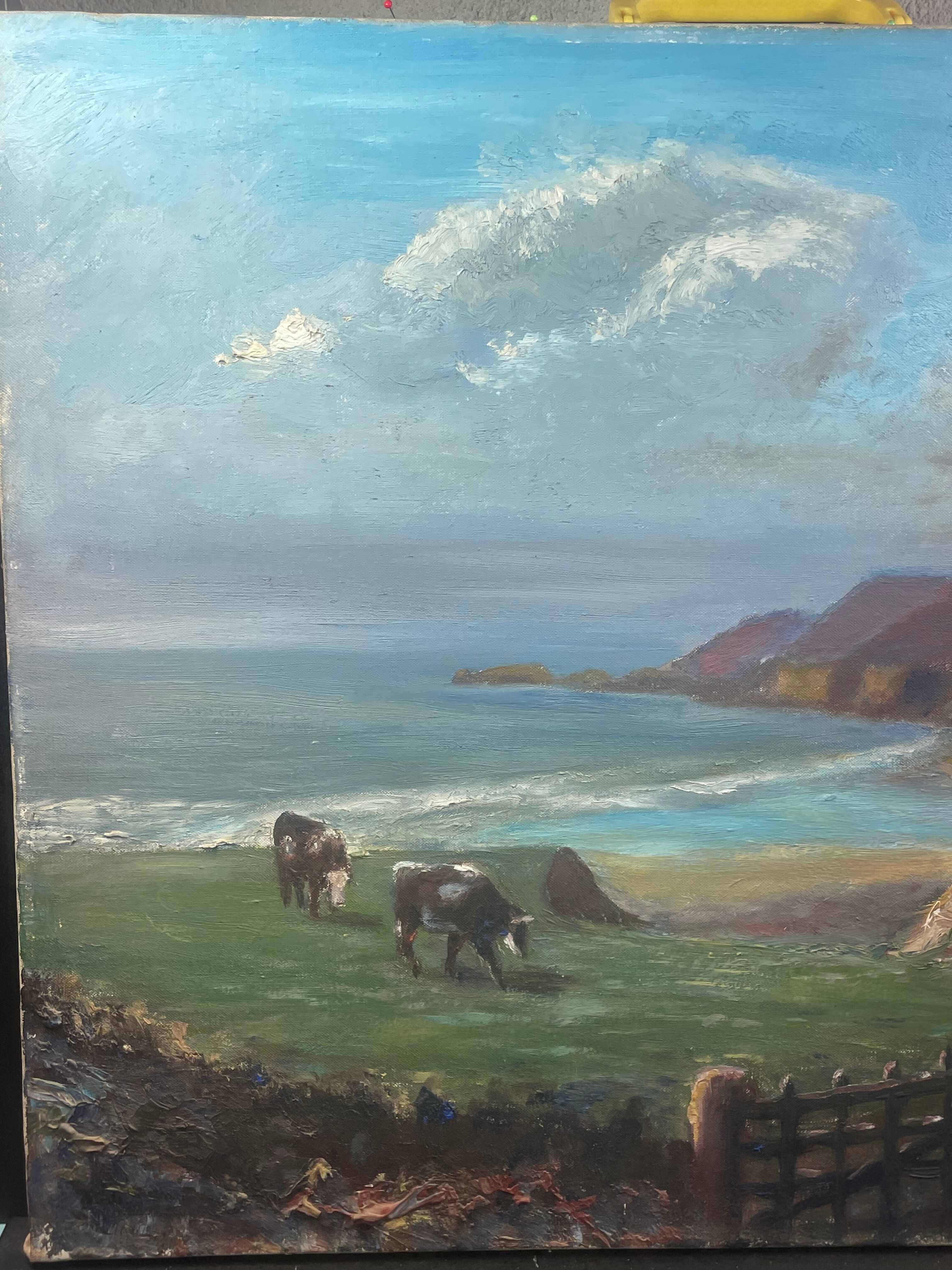 Huile sur toile,  pré-salé Baie de Somme, Vache, boeuf, signé Rogé à identifier