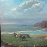 Oil on canvas, pre-salted Bay of Somme, Cow, beef, signed Rogé to identify