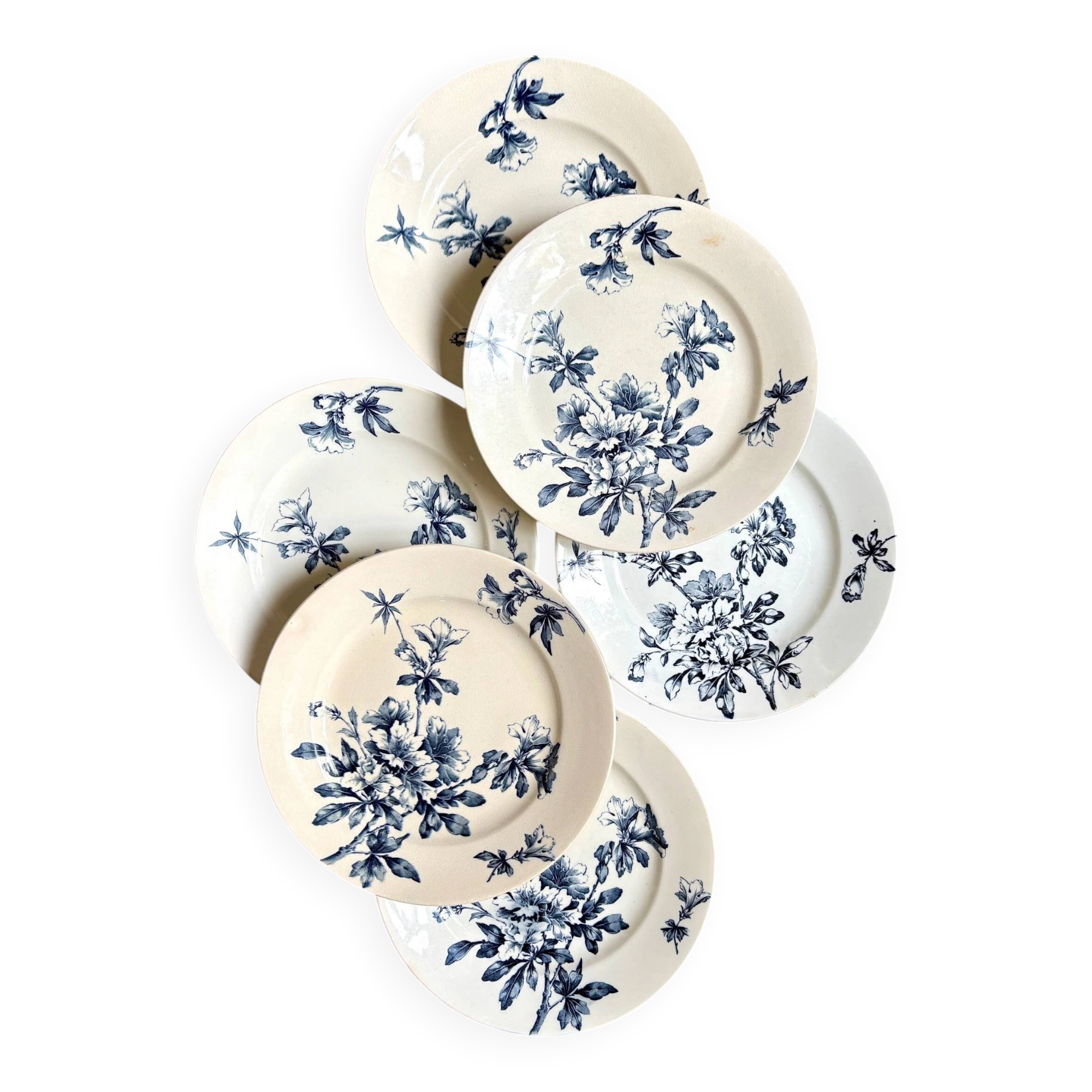 6 Lunéville flat plates in blue ironstone, "Azaléa" service