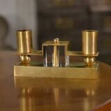 Pair of brass and Bohemian crystal wall lights in the style of Jean Royère, 1940s