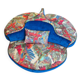 Canapé conversation rond – velours bleu & tissu perroquets – 140 cm