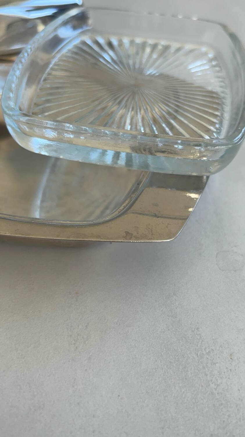 Vintage silver-plated butter dish with golden hazelnut - retro elegance