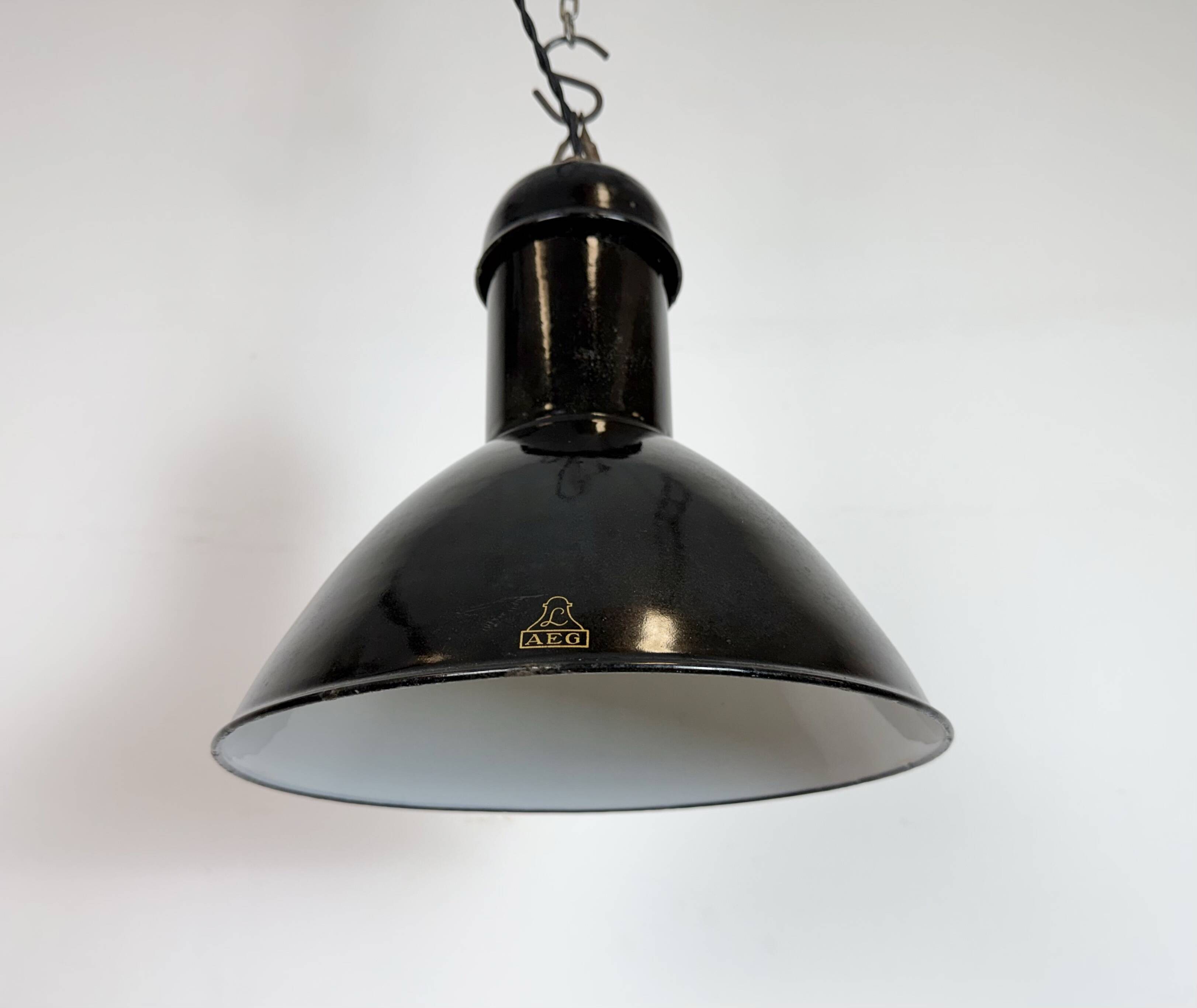 Black Enamel Industrial Pendant Lamp from AEG, 1930s