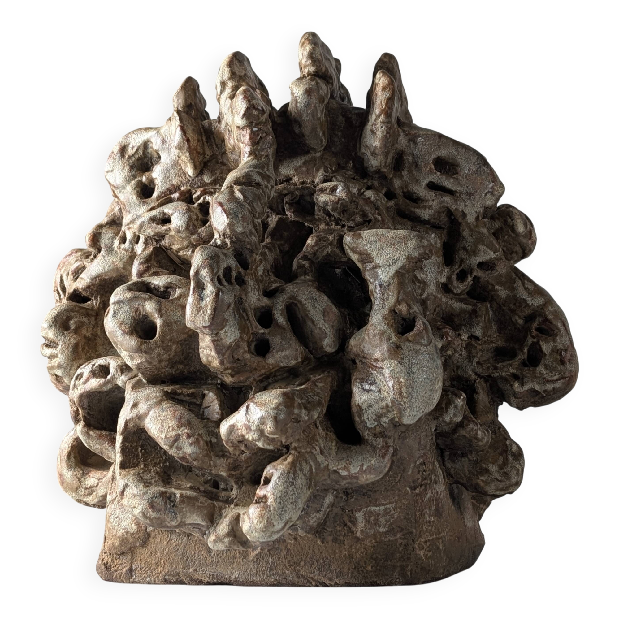 Large organic glazed stoneware sculpture with coral shapes, signed, 2002