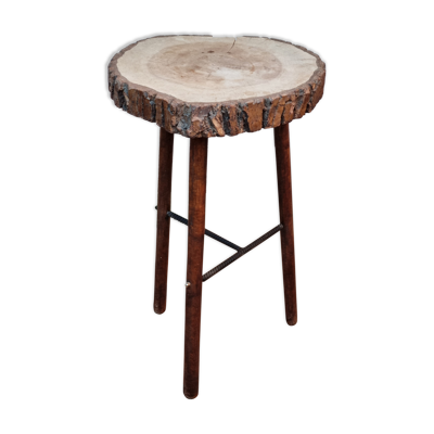 Table haute tripode brutaliste en bois et métal, 74 cm
