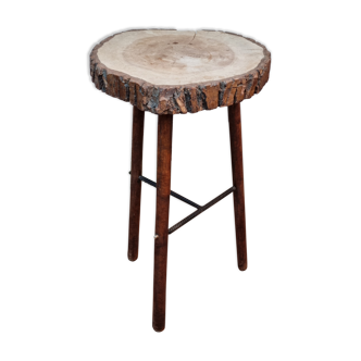 Table haute tripode brutaliste en bois et métal, 74 cm