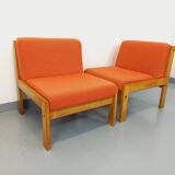Set of 2 vintage Baumann armchairs in orange fabric and wood from the 80s