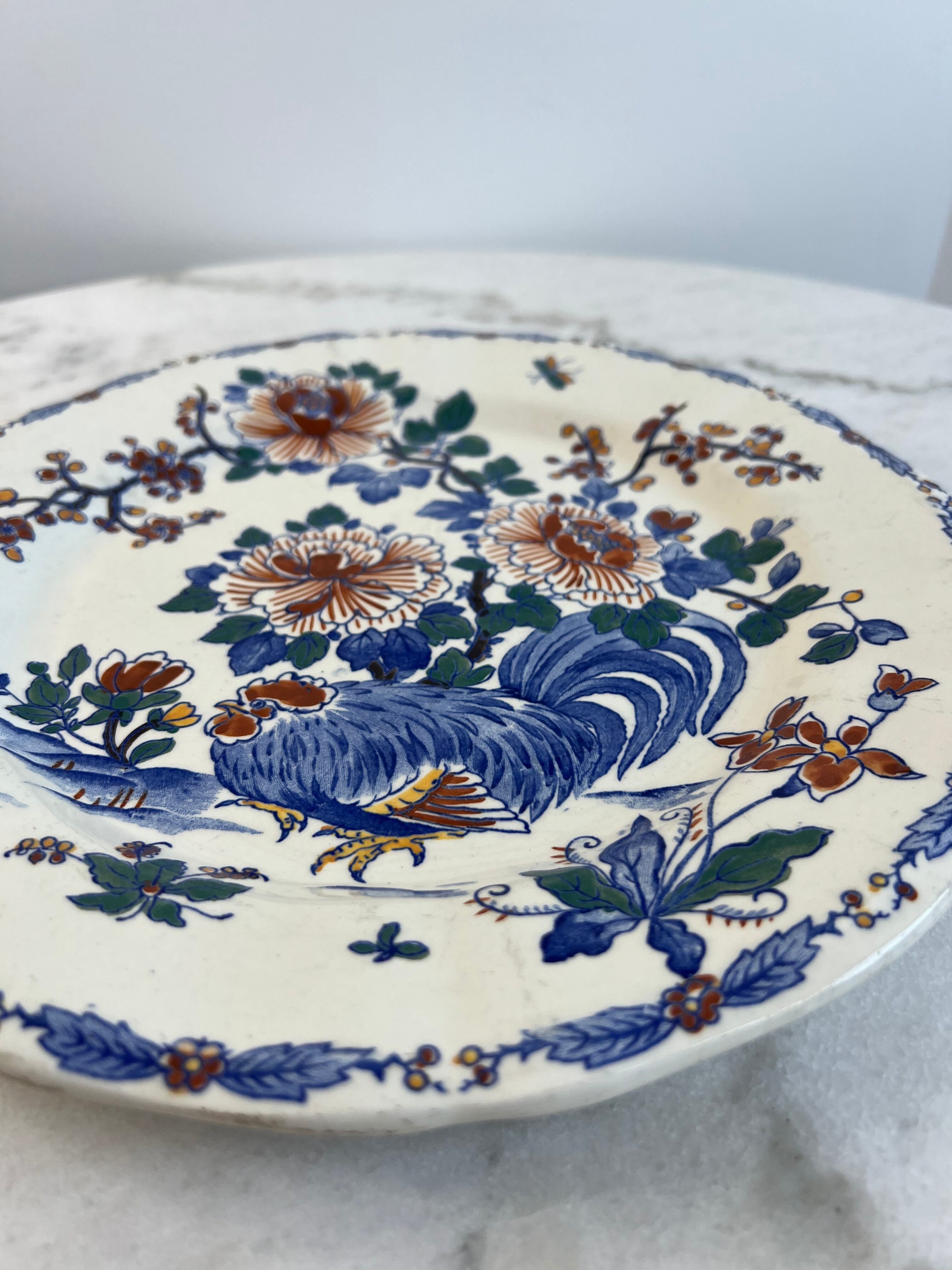 Antique plate in Gien earthenware — model “Rooster with Peonies”