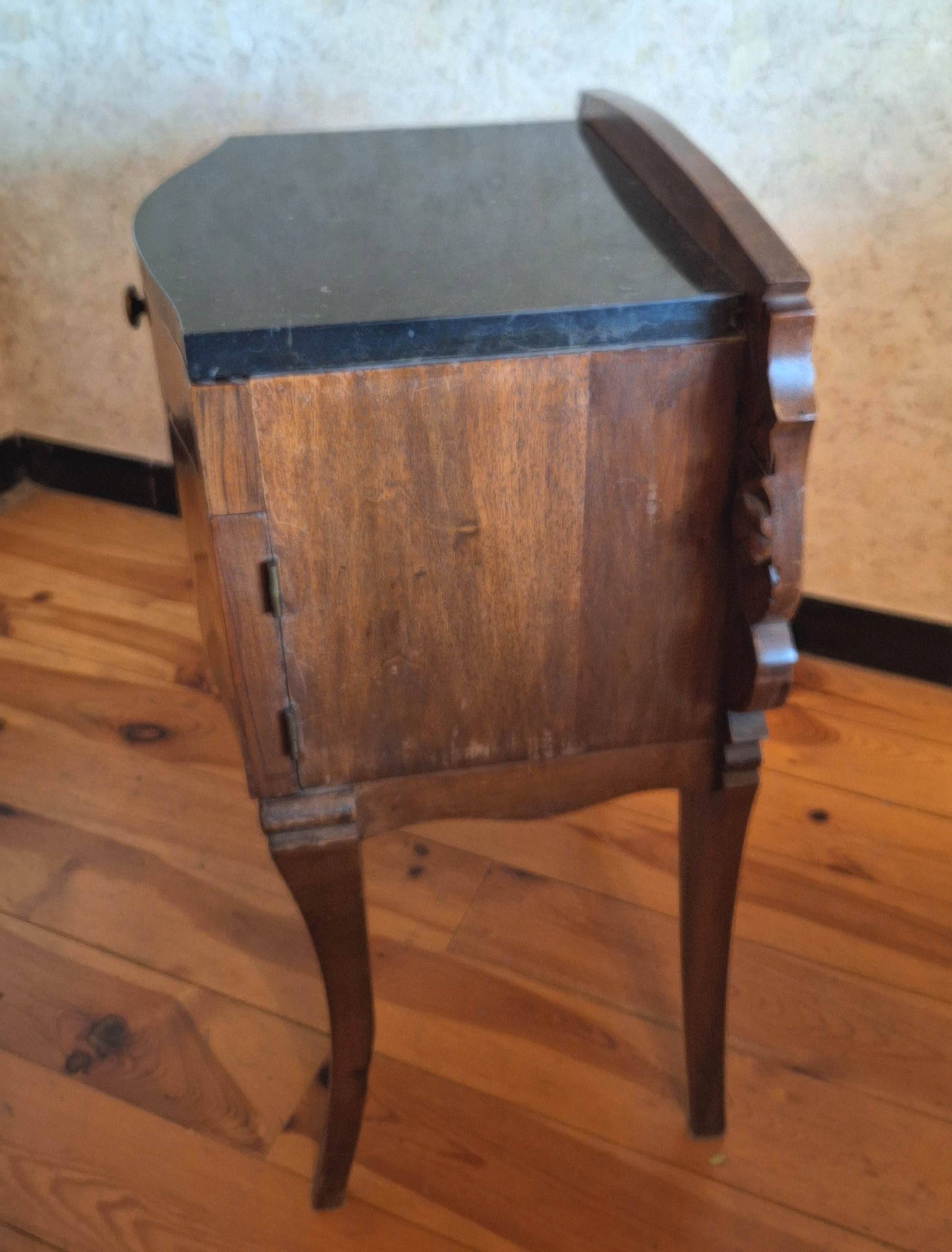 Black marble and burl walnut bedside table