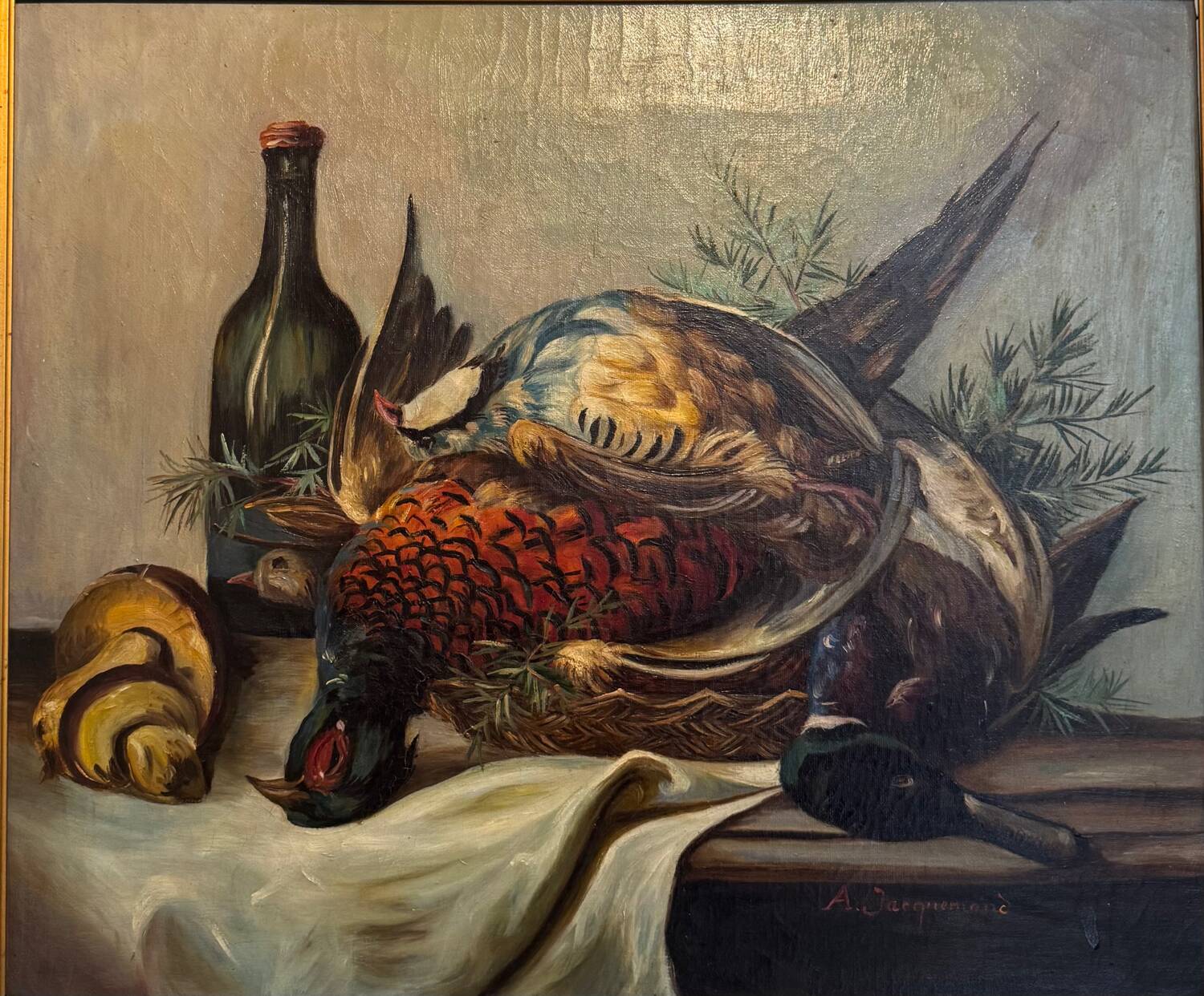 Still life with bottle and game, signed, 20th century