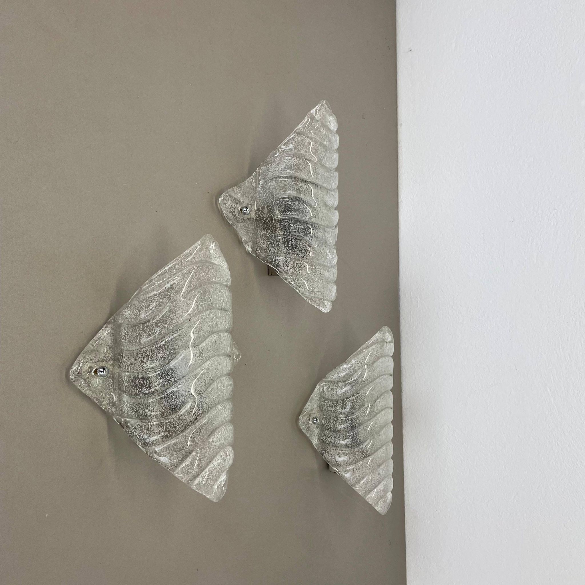Set of 3 Murano Ice Glass Wall Lights/Sconces by FISCHER Leuchten, Germany, 1970