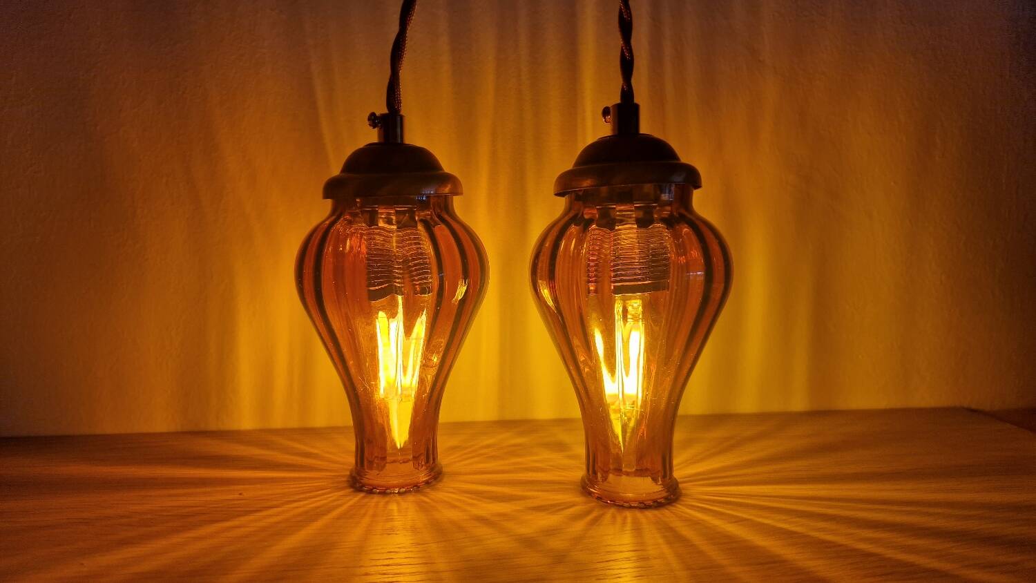 Duo of brown smoked glass portable lamps