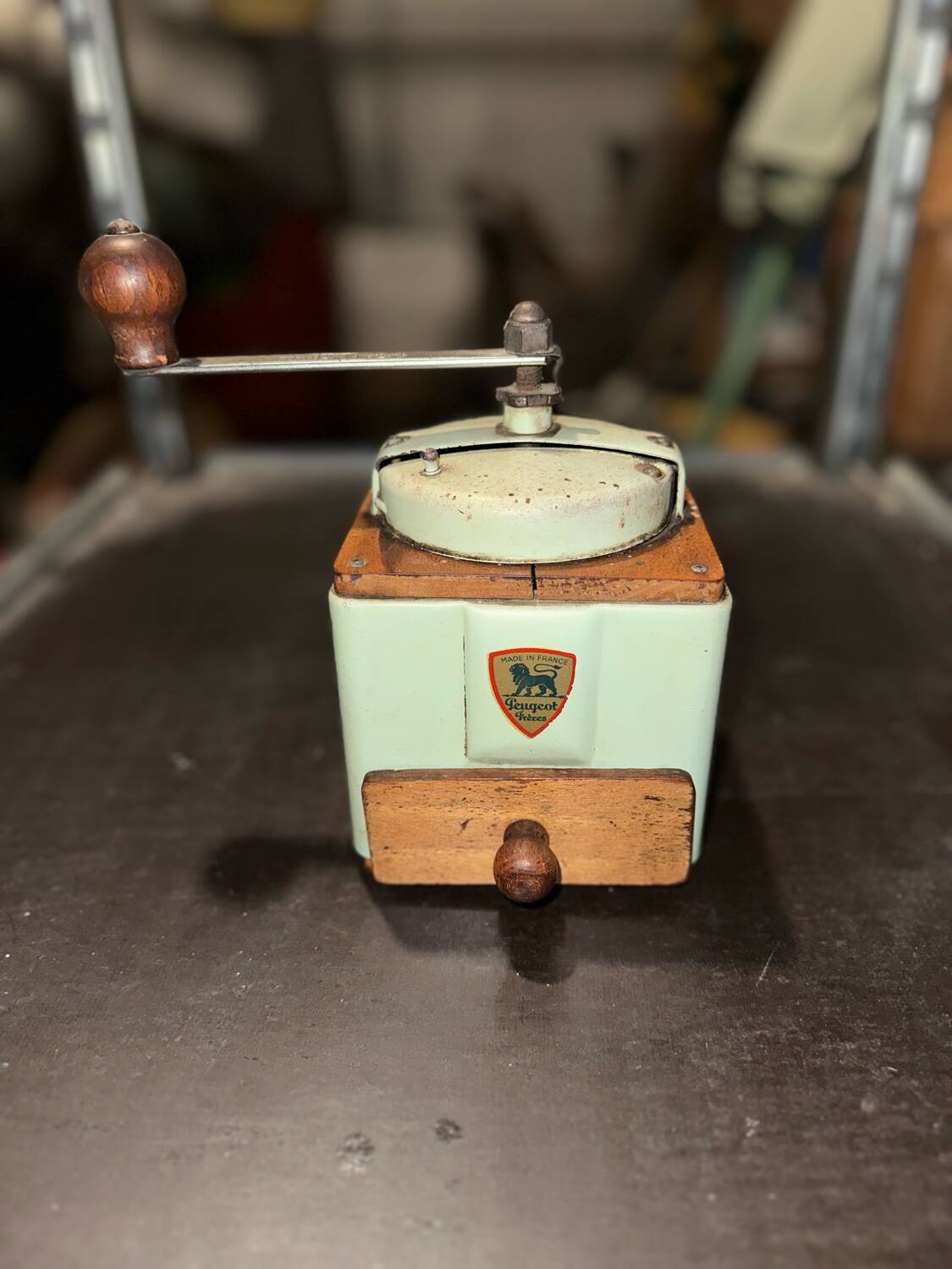 Blue Peugeot coffee grinder