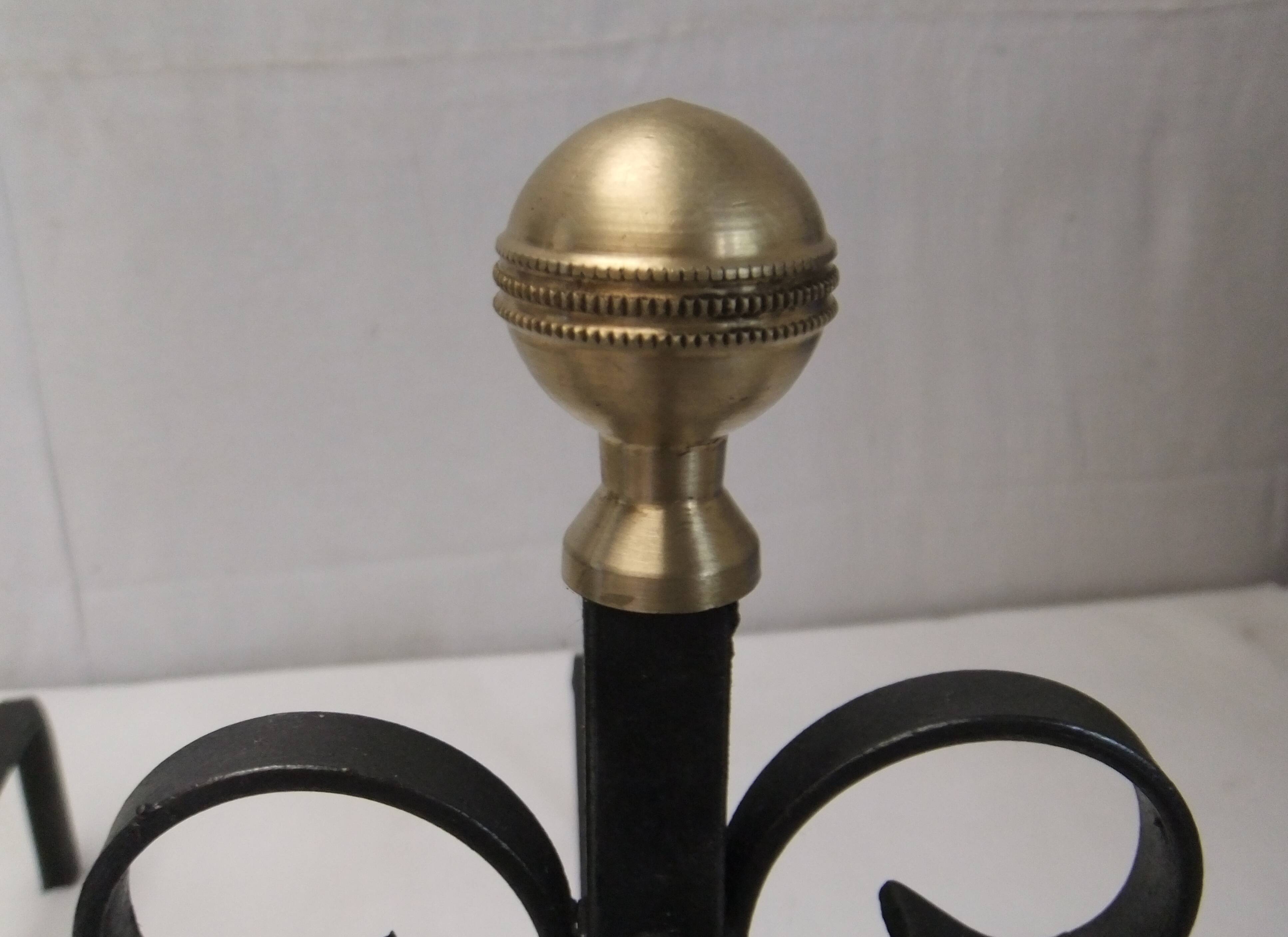 Antique pair of cast iron andirons wrought iron and bronze fireplace accessory