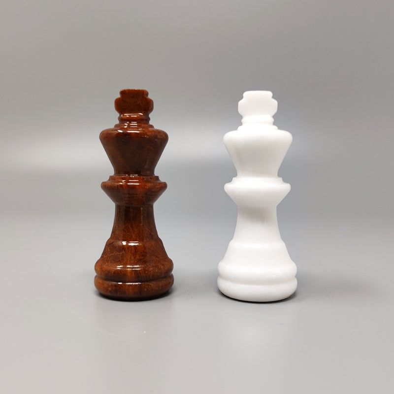 1970s Brown and White Chess Set in Volterra Alabaster Handmade Made in Italy