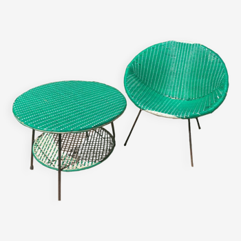 Salon Jardin Années 1950-60 Vintage Plastique Rotin Table Fauteuil Vert
