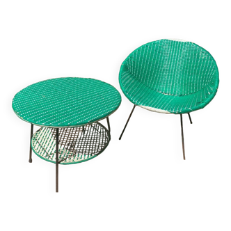 Salon Jardin Années 1950-60 Vintage Plastique Rotin Table Fauteuil Vert