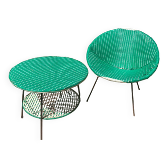 Garden Living Room 1950s-60s Vintage Plastic Rattan Table Armchair Green