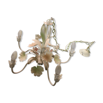 Lustre vintage 5 branches en métal peint à décor floral