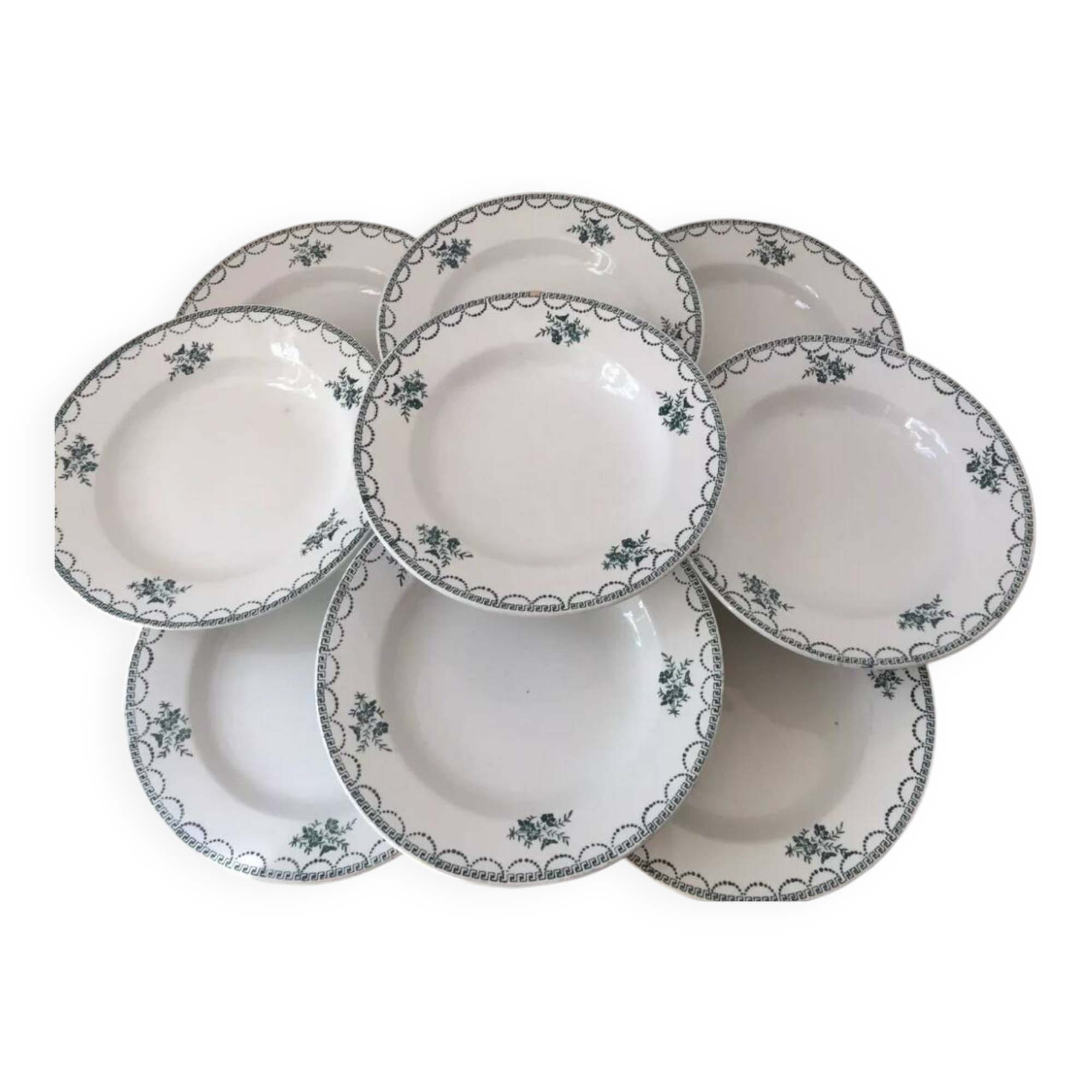 Ensemble de 9 assiettes Terre de fer fleurs vertes St Amand