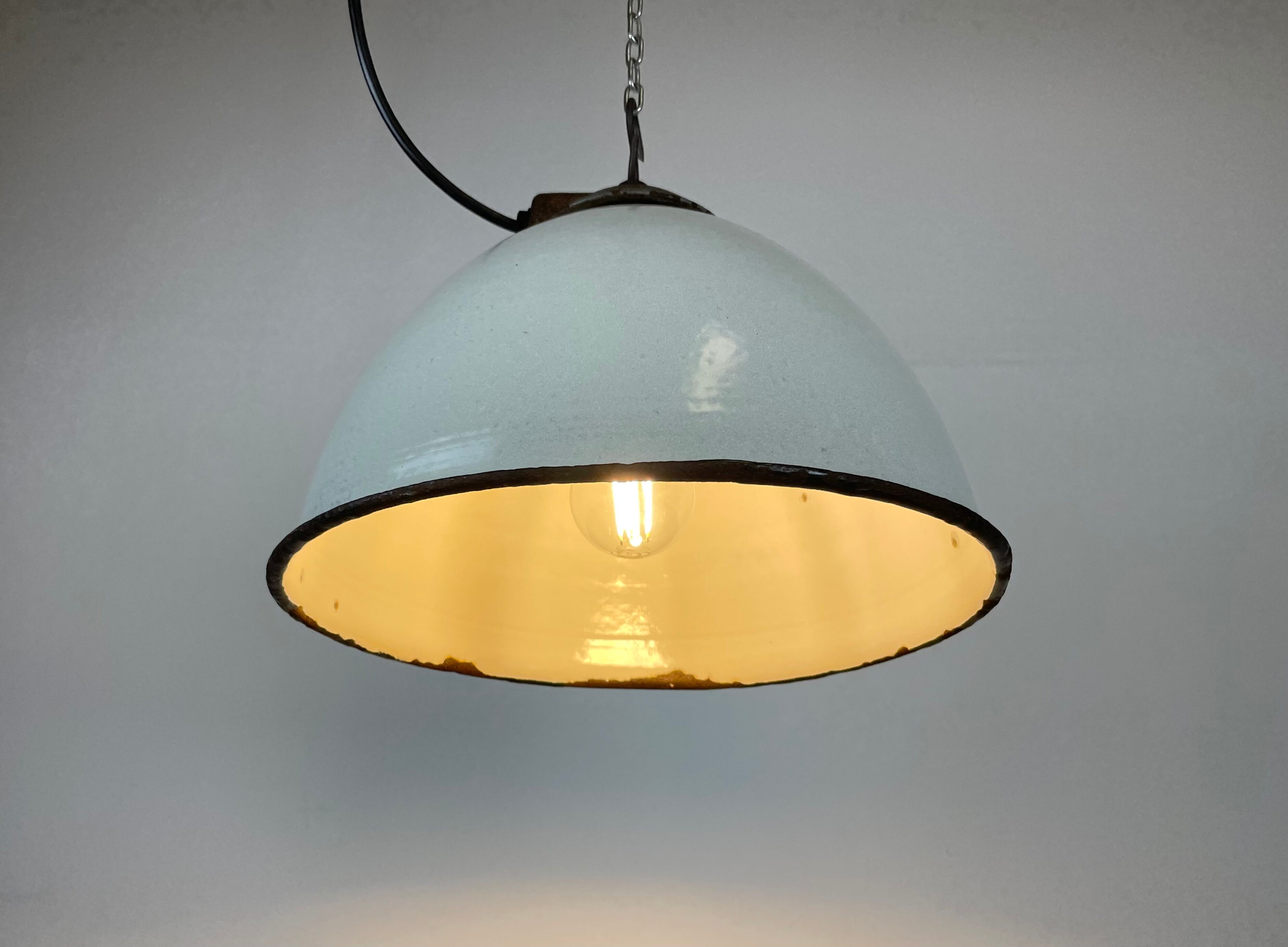 Industrial White Grey Enamel Factory Lamp with Cast Iron Top, 1960s