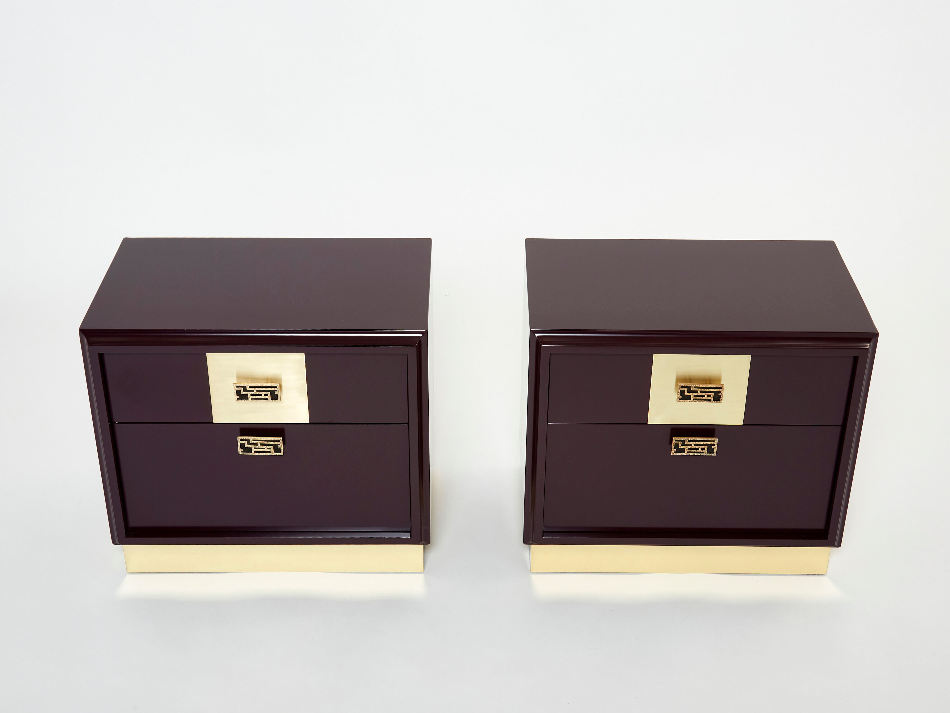 Pair of brass plum lacquer bedside tables Luciano Frigerio Italy 1970