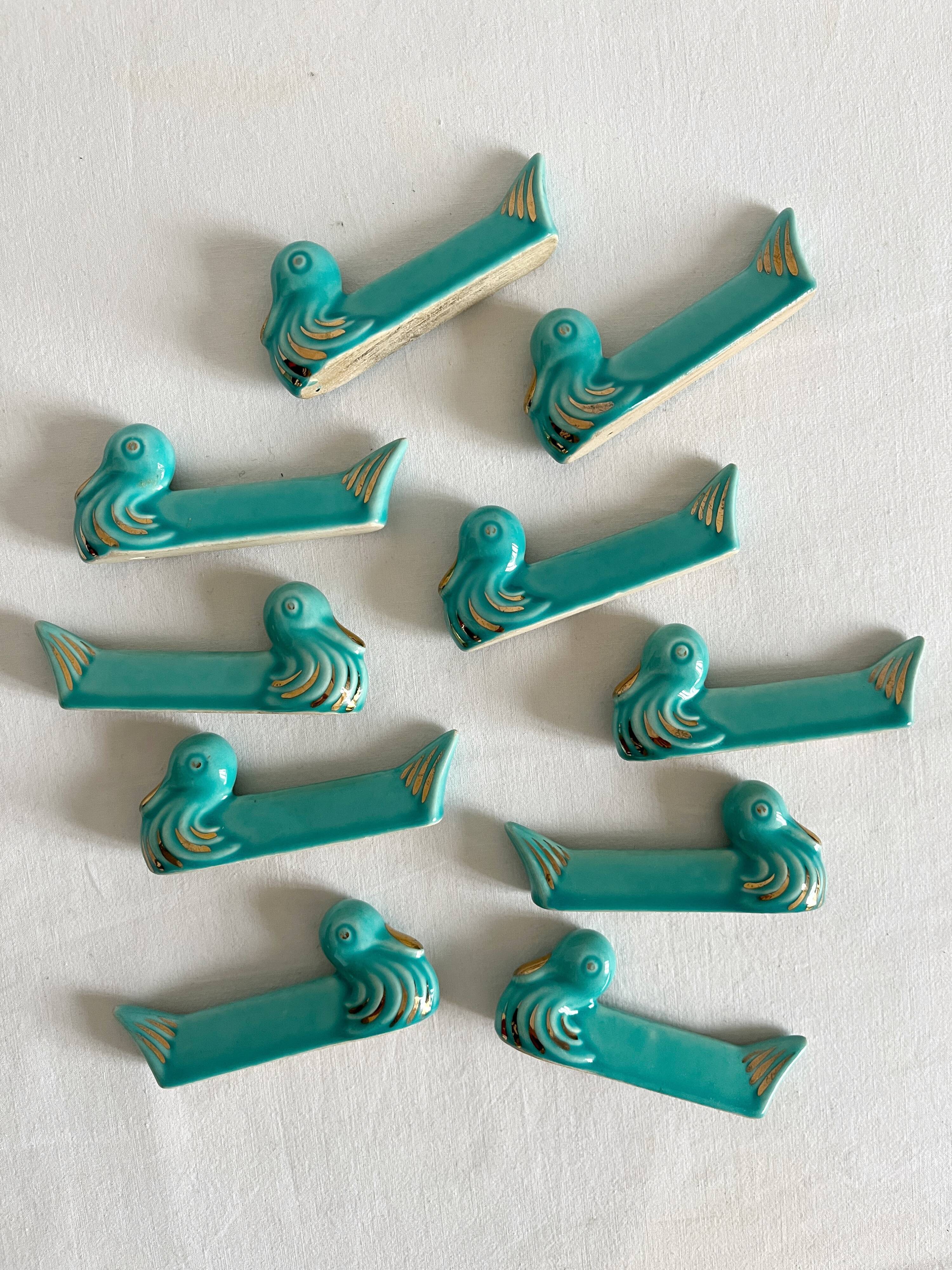 10 vintage duck blue ceramic knife holders from the 50s