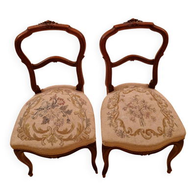 Paire de chaises Louis XV – bois sculpté & tapisserie ancienne – fin XIXᵉ
