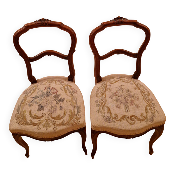 Paire de chaises Louis XV – bois sculpté & tapisserie ancienne – fin XIXᵉ