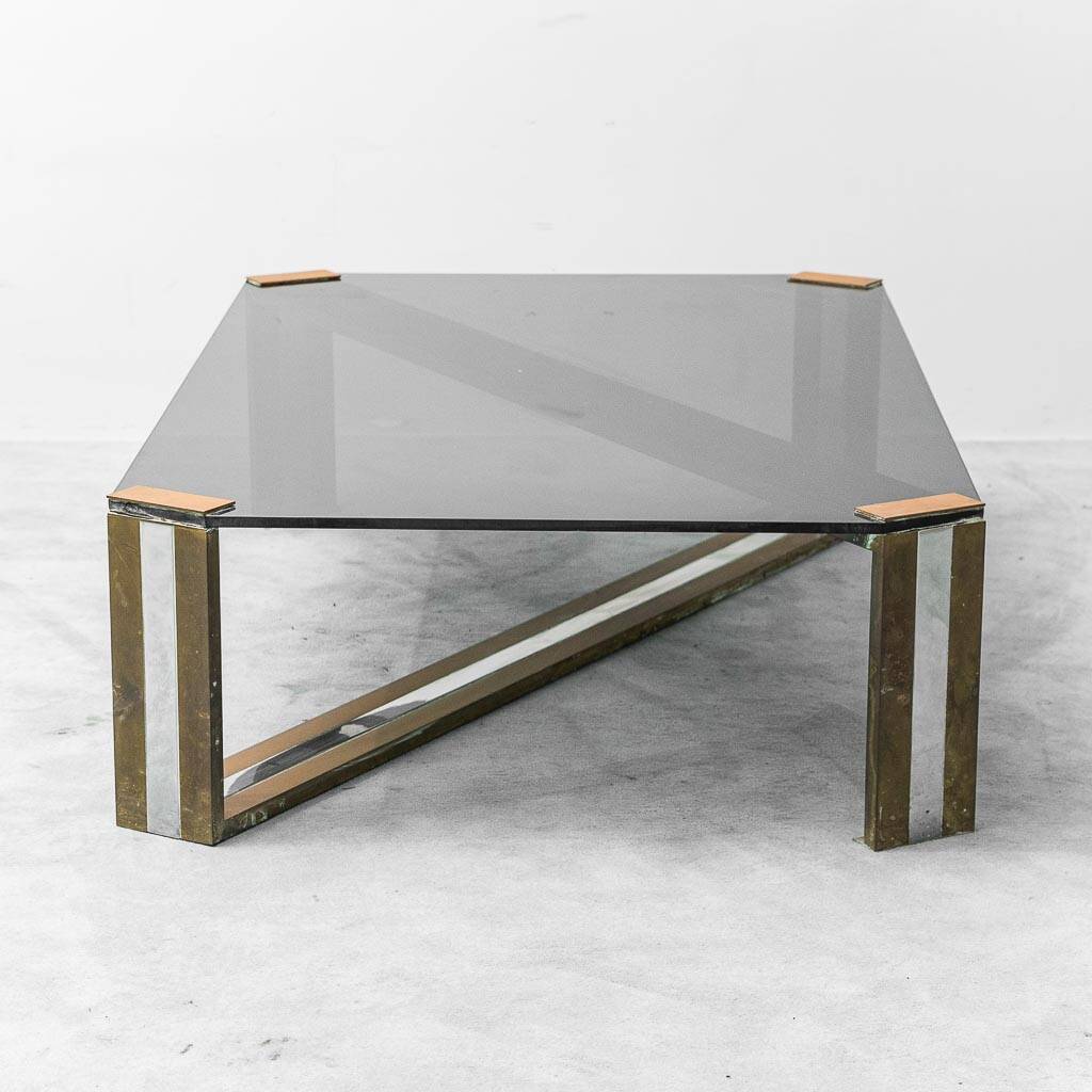Vintage smoked glass and brass coffee table, 1970s modernism