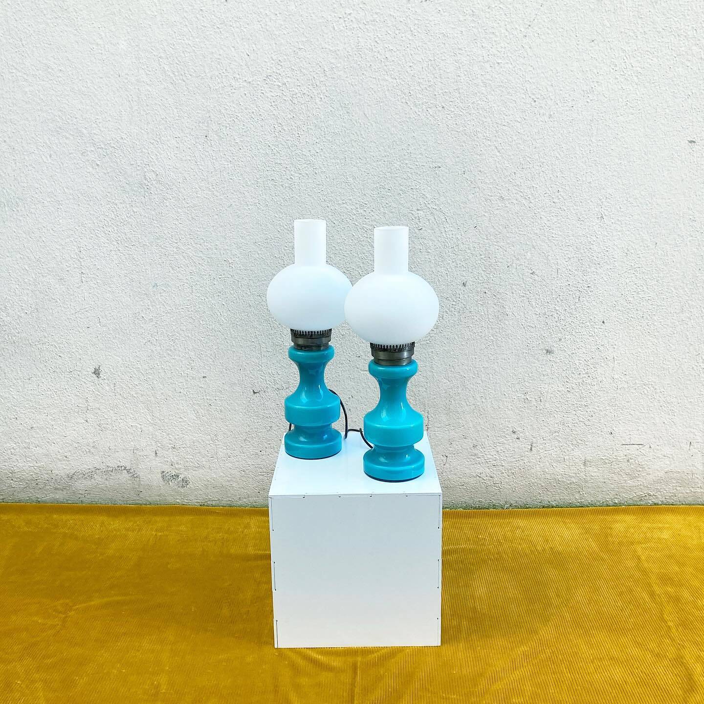 Pair of vintage turquoise blue opaline lamps