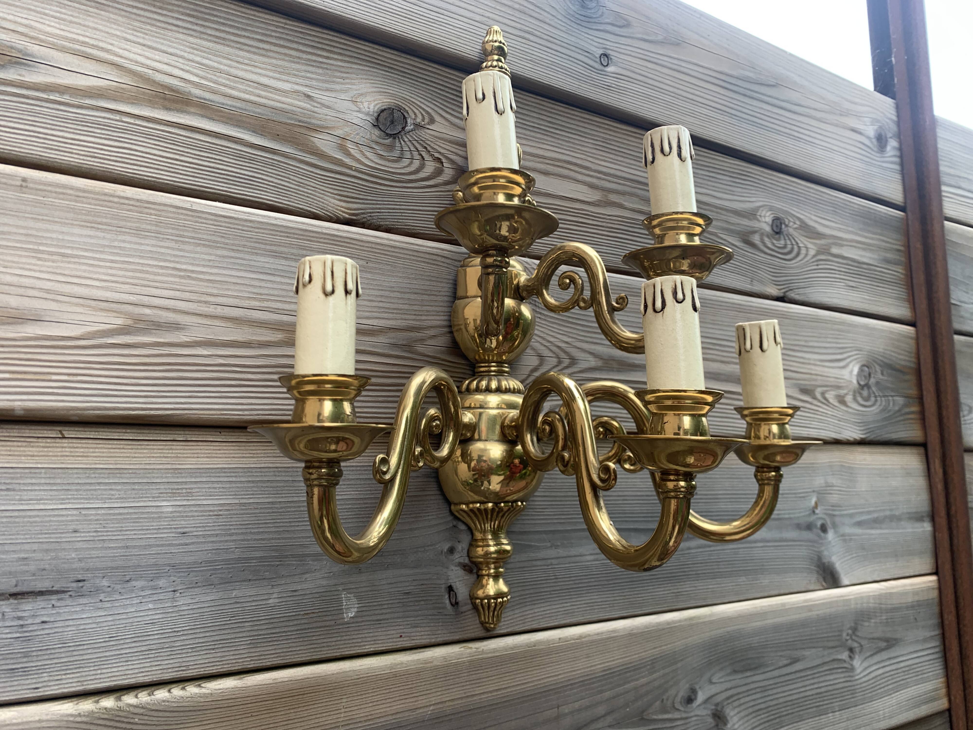 Large Pair of Dutch Style 5-Branch Wall Lights in Brass, Gilded Bronze, 19th Century