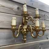 Large Pair of Dutch Style 5-Branch Wall Lights in Brass, Gilded Bronze, 19th Century