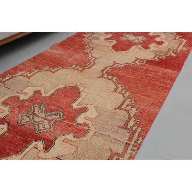 1970s Turkish Hand-Knotted Wool Cotton Red Runner Rug 104x260