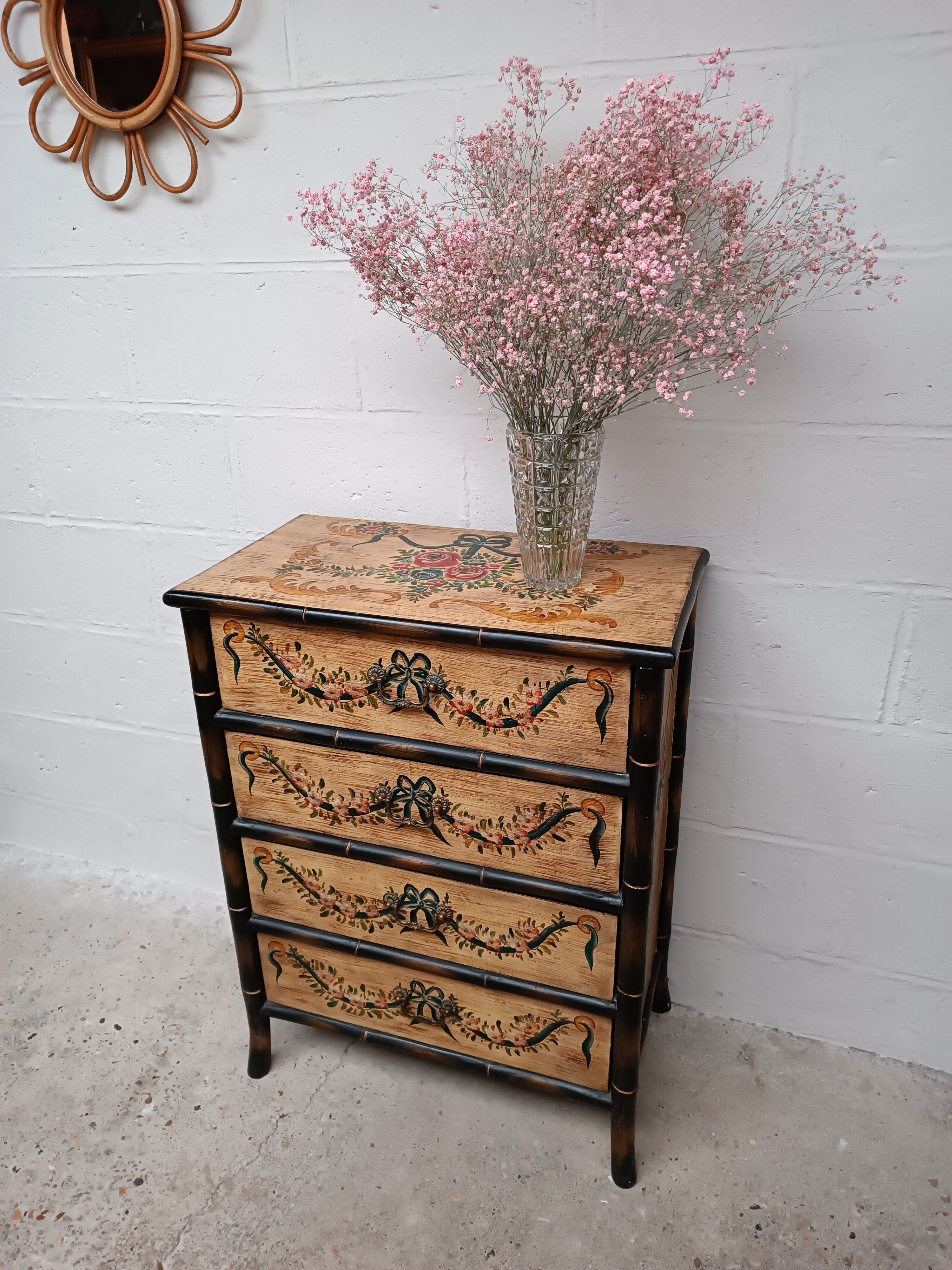 Venetian-style painted wood and bamboo chest of drawers